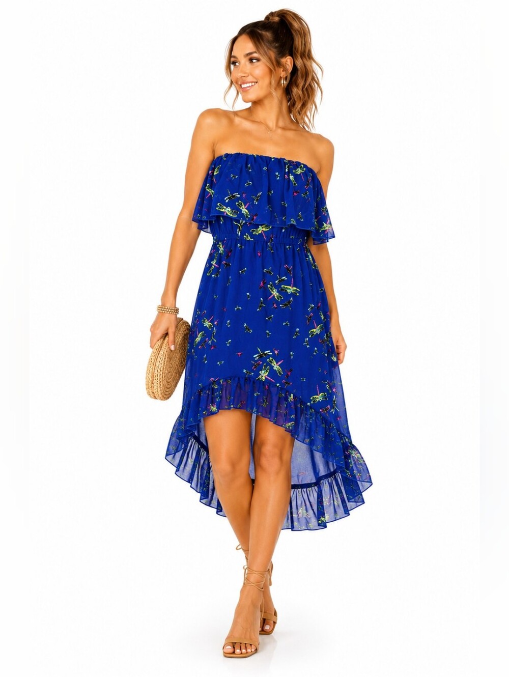 Love Fire Dragonfly Print Strapless Blue Chiffon High Low Mini Dress M